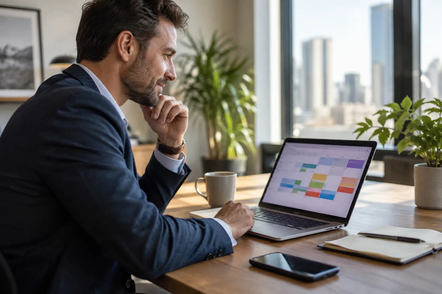 A sales professional reviews a calendar of booked meetings on a laptop at their desk.