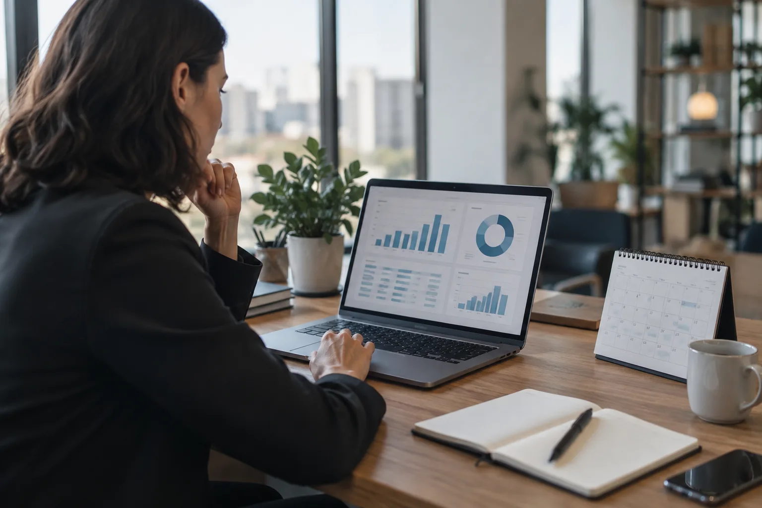 A recruiter sits at a desk reviewing hiring reports and charts on a laptop screen.