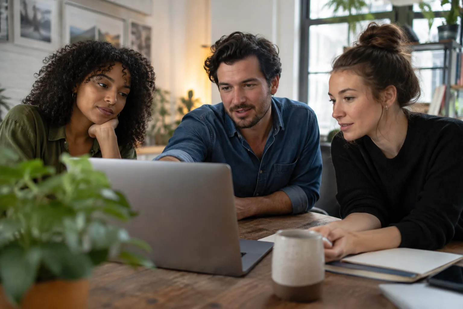 A photo of an agency team reviewing a client meeting pipeline on a laptop.