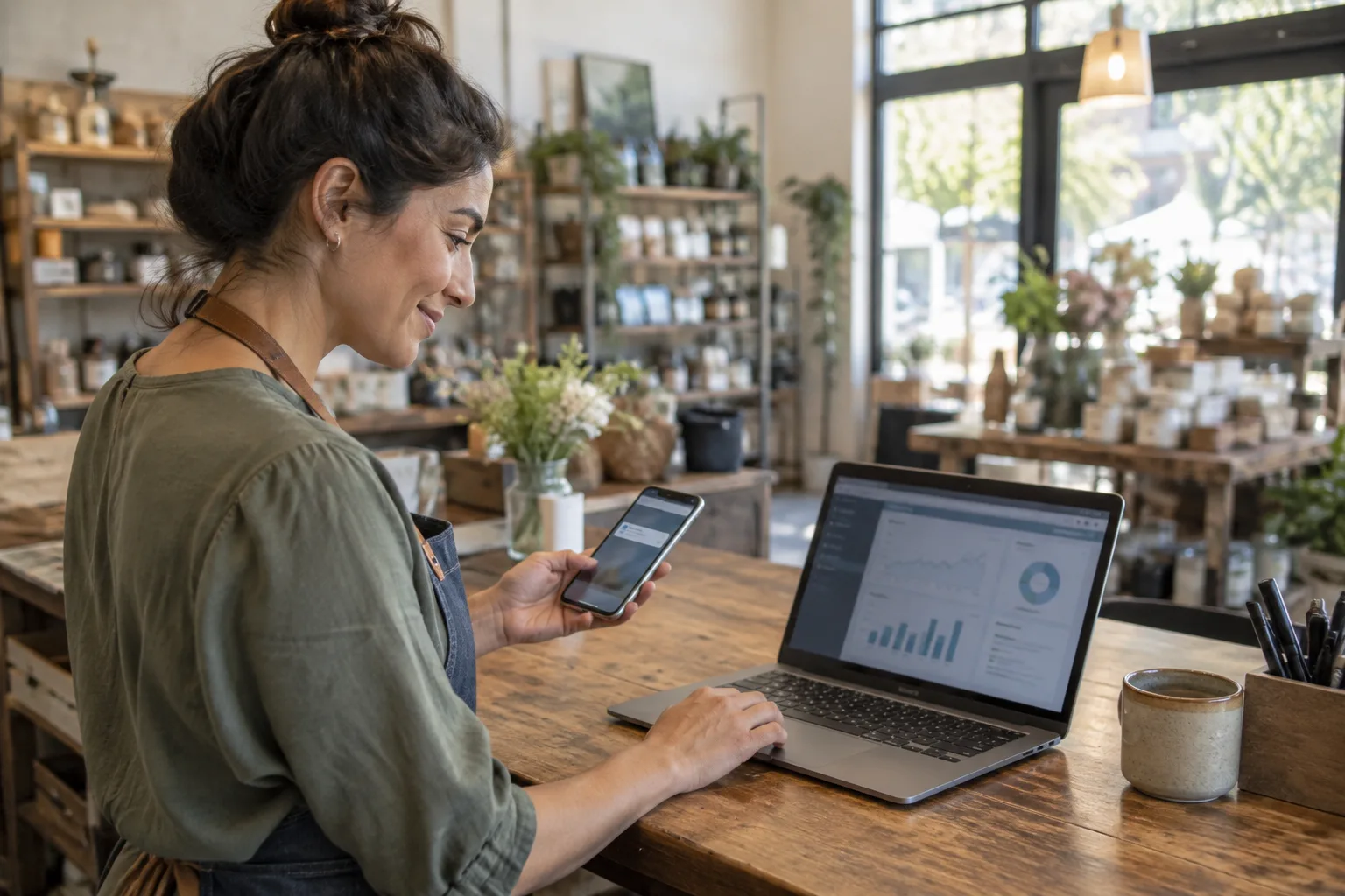 A business owner checks a customer relationship management dashboard on a laptop next to a phone showing a text notification.