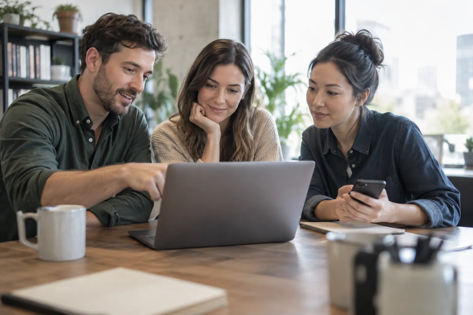 Photo of a small sales team collaborating around a laptop in an office.