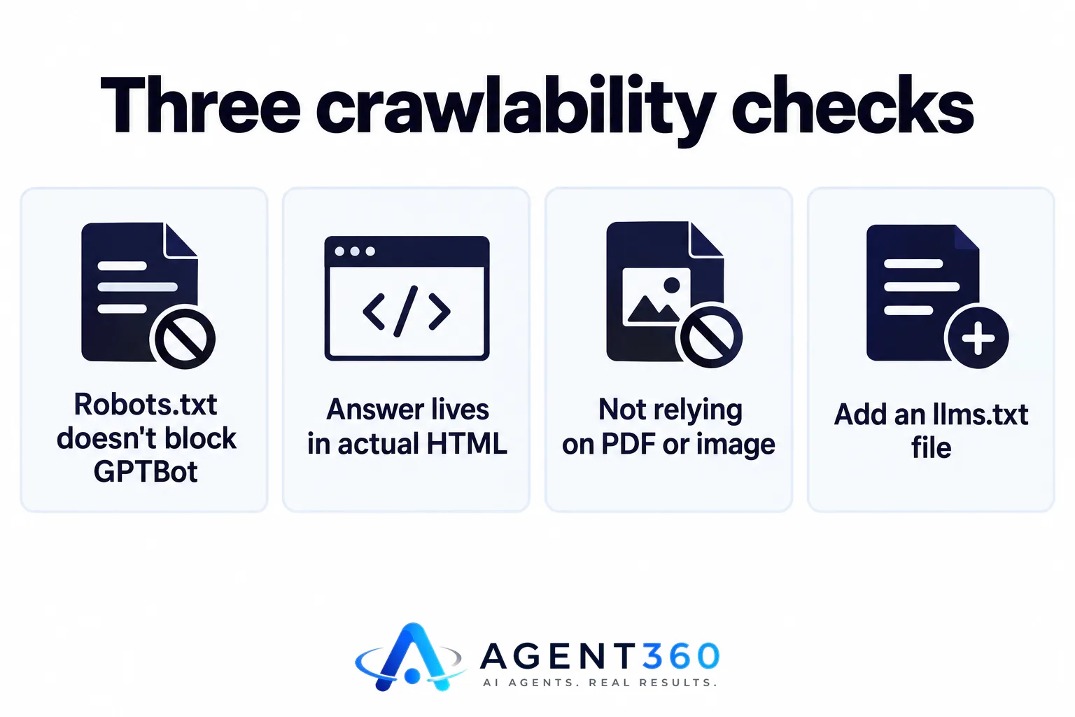 Infographic listing three checks for making a page crawlable by AI bots.