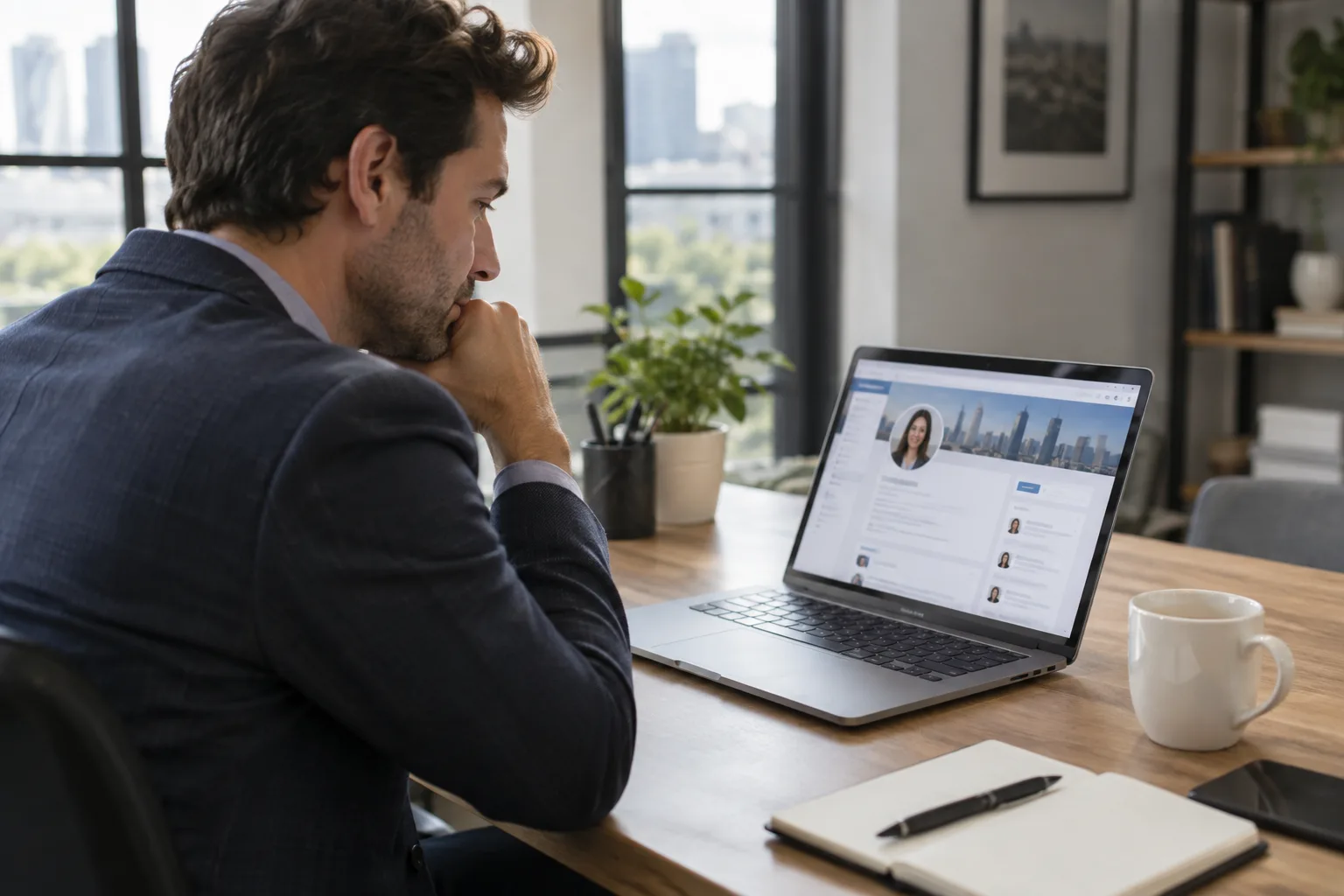 A sales professional reviewing LinkedIn outreach activity on a laptop at their desk.