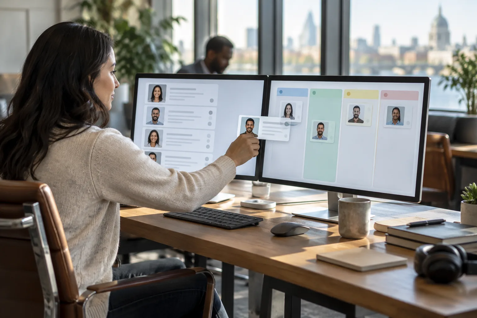 A recruiter moves a candidate profile from a sourcing screen into a tracking pipeline on a connected display.
