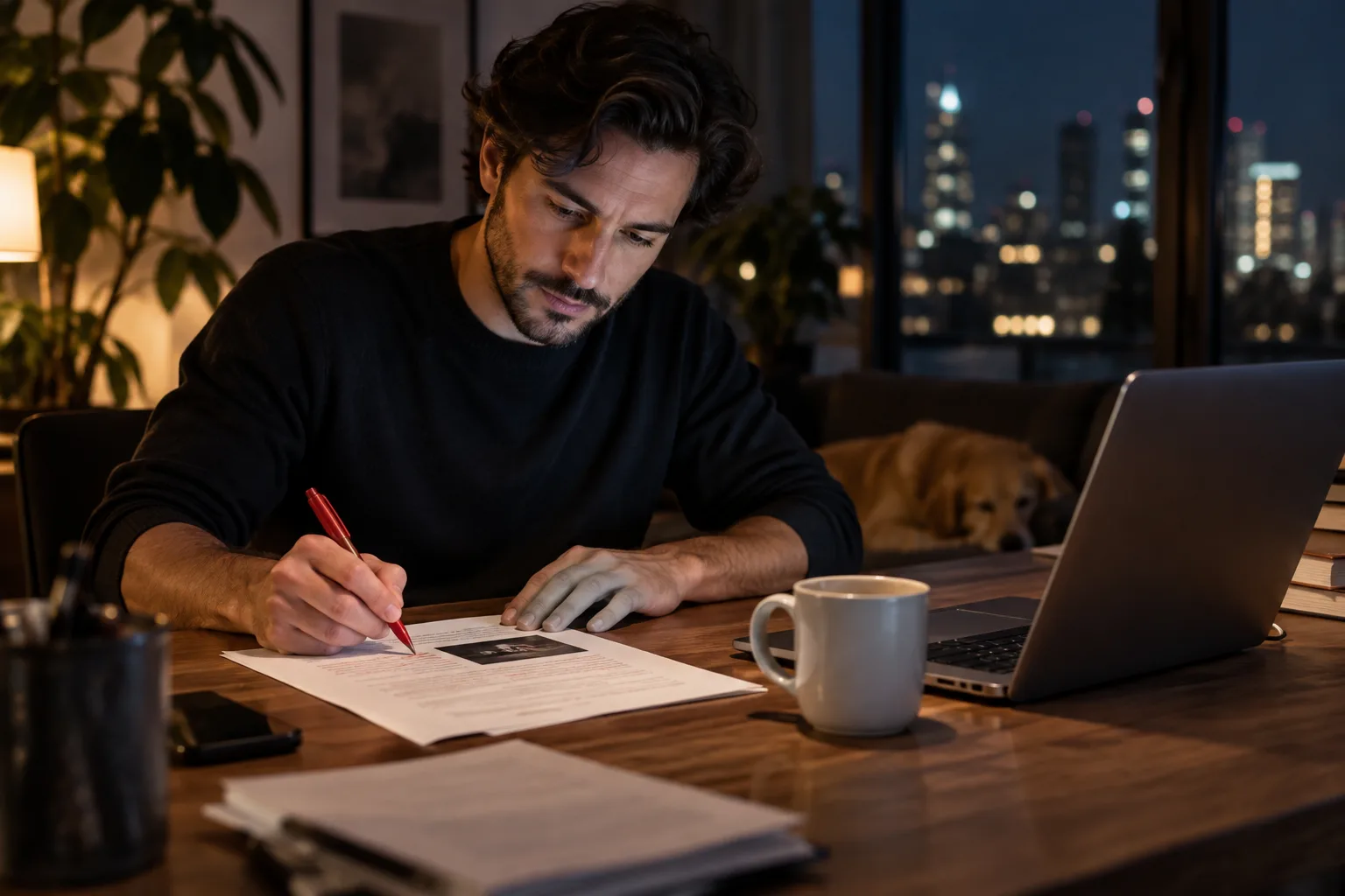 A person at a desk reviewing and editing a printed draft of a social media post late at night.