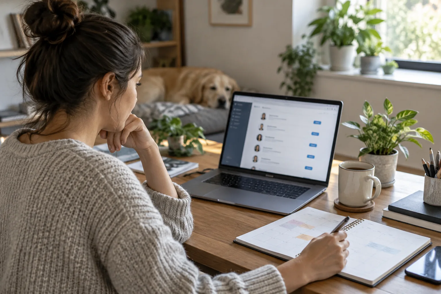 A professional sits at a desk reviewing outreach activity on a laptop next to a planner.