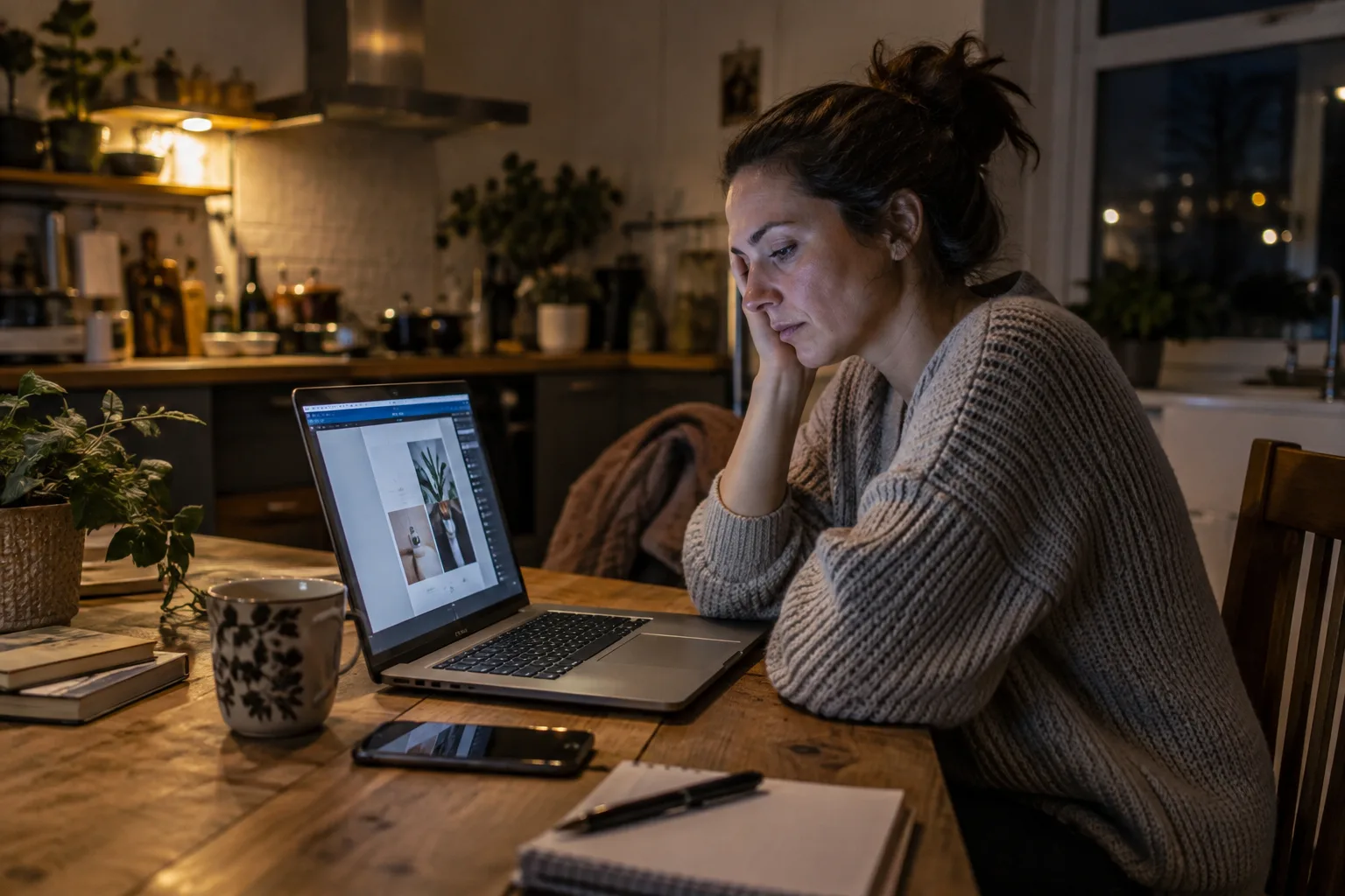 A photo of a small business owner working late at a laptop trying to finish a social media post