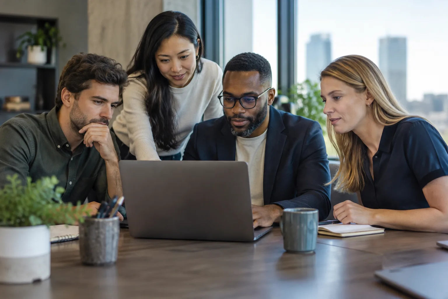Photo of a small sales team working together on outreach campaigns in an office.