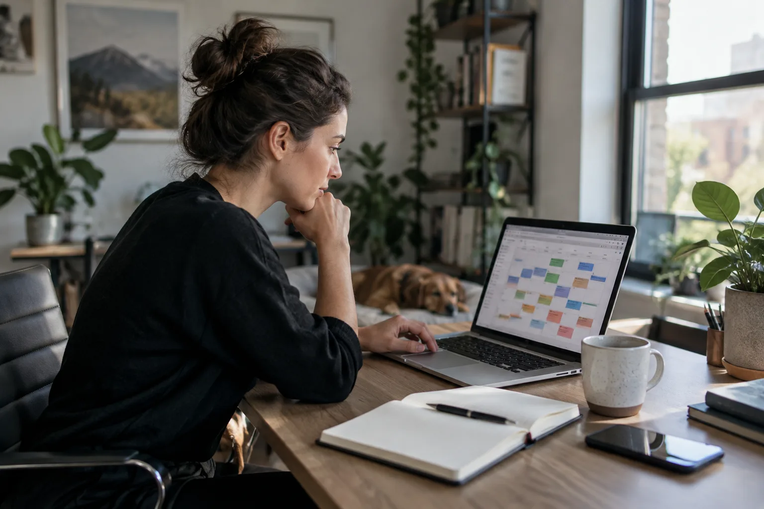 A founder reviews a calendar of booked meetings on a laptop in a small office.