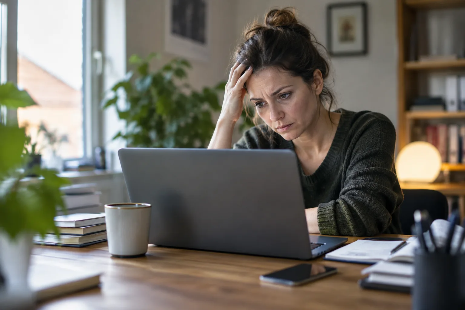 A person at a desk looks at an email reply notification on their laptop amid a busy workday.