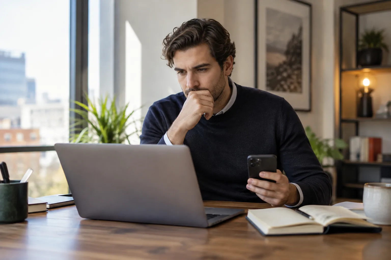A salesperson studies a laptop screen thoughtfully while holding a phone, weighing whether to follow up on an ambiguous email reply.