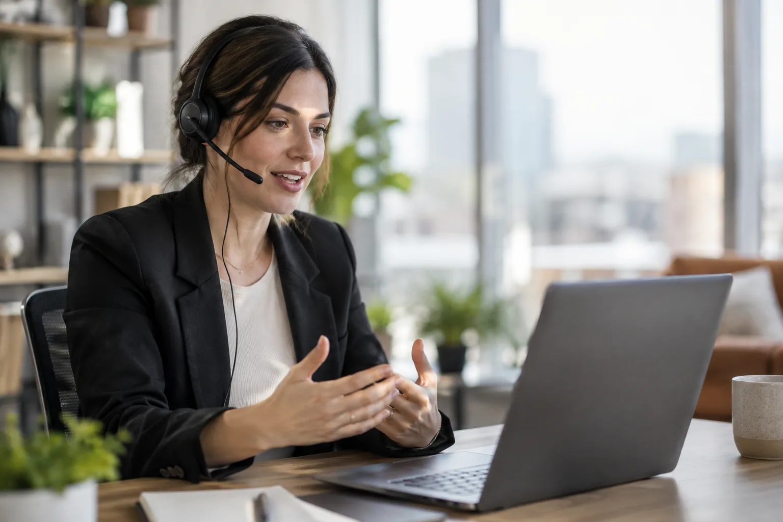 A sales representative wearing a headset talks on a call at a desk with a laptop open.
