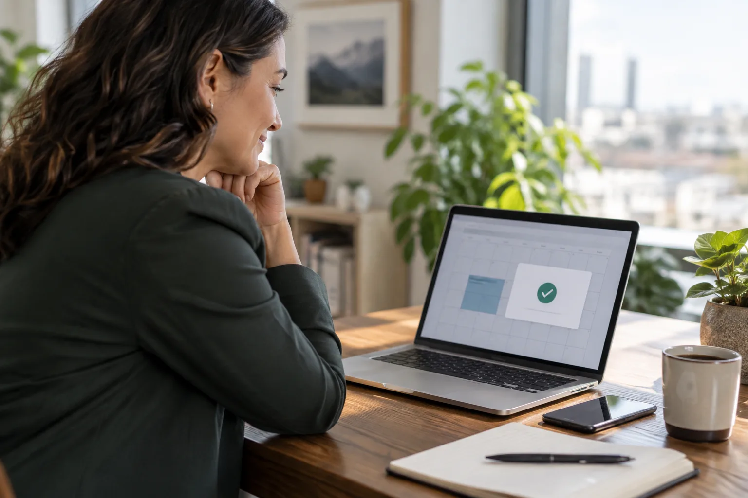 A photo of a salesperson viewing a booked meeting confirmation on their laptop.