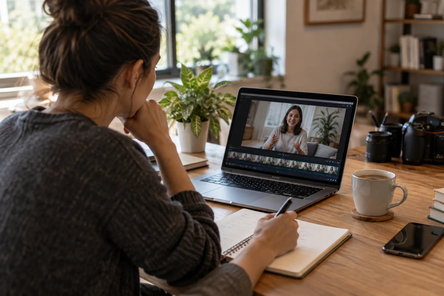 A person reviewing a recorded video on a laptop to plan multiple content pieces from it.