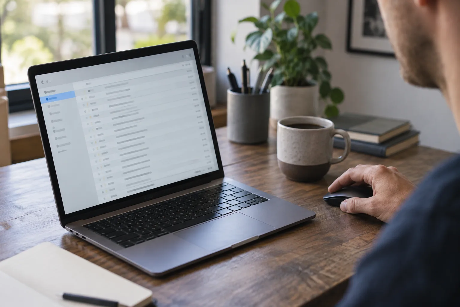 A photograph of someone carefully managing an email inbox on a laptop.