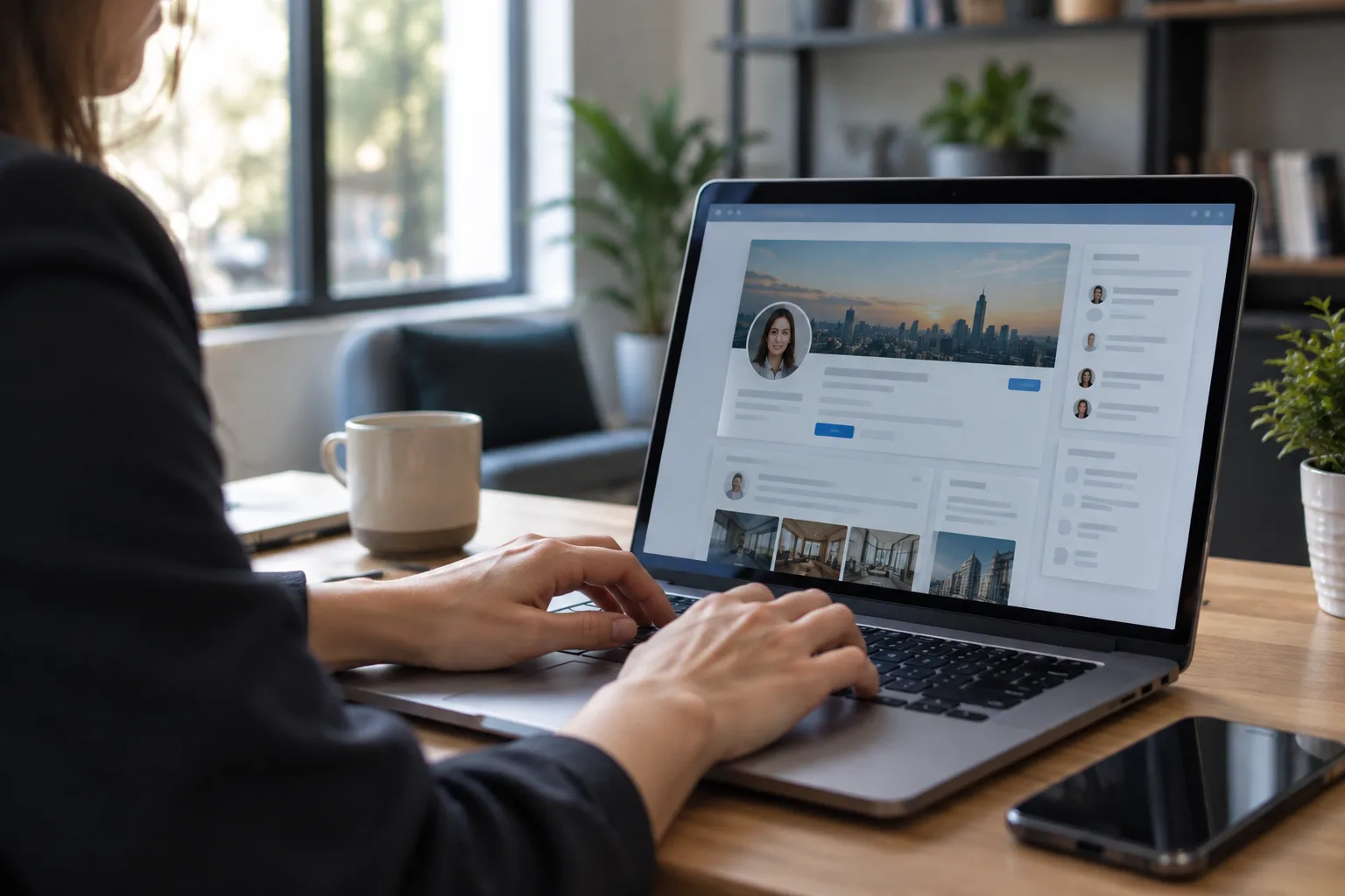 A person typing on a laptop with a LinkedIn profile displayed on screen.