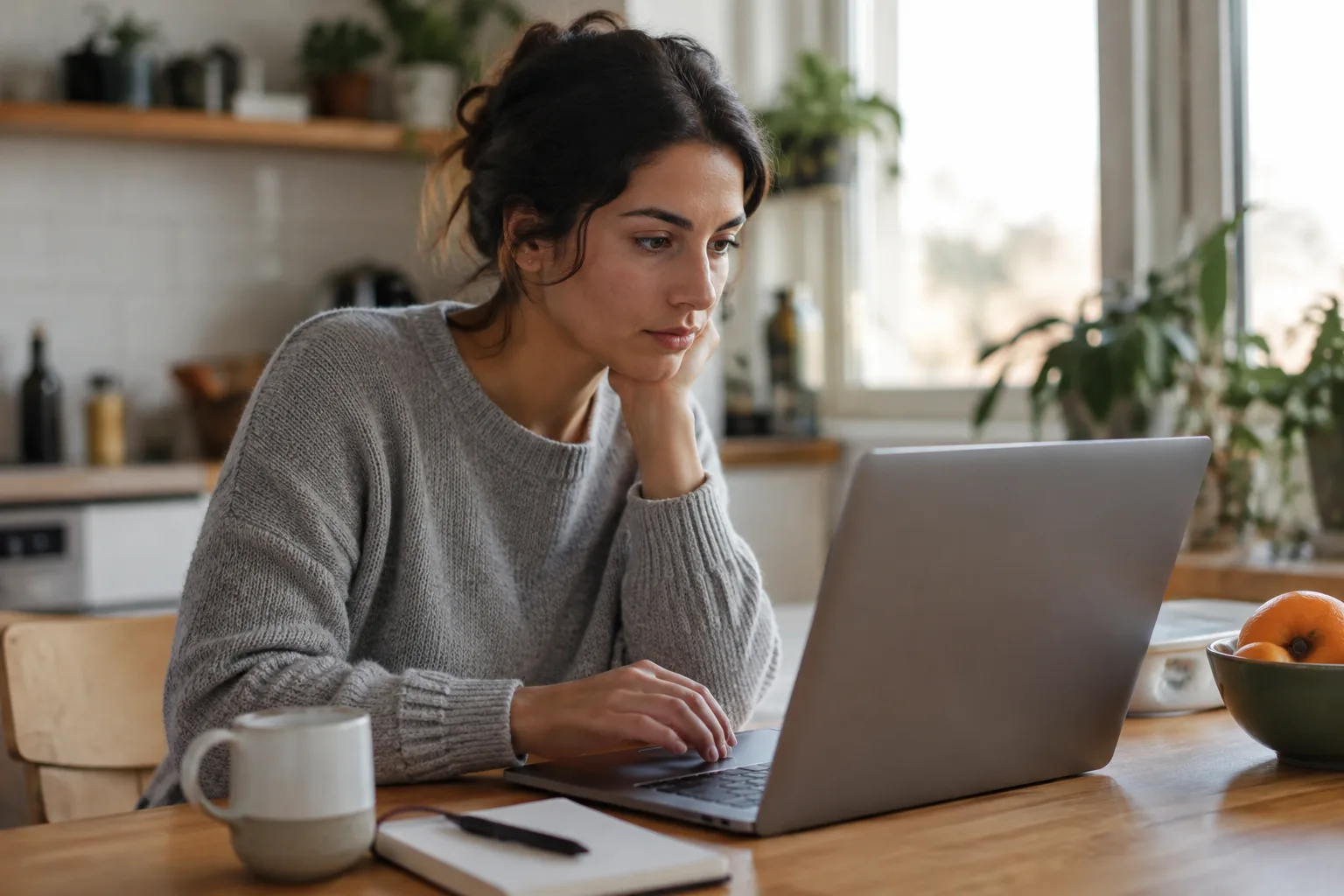 A person sitting at a table editing their resume on a laptop.