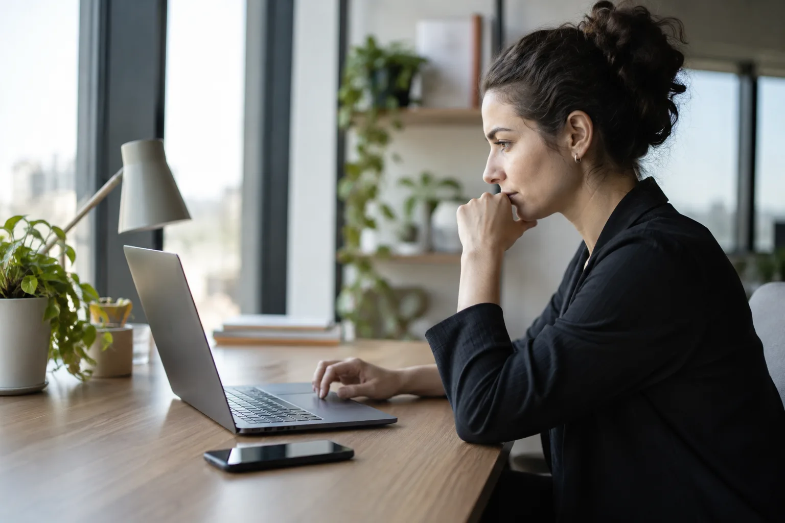A recruiter sits at a desk reviewing a phone screening transcript on a laptop.