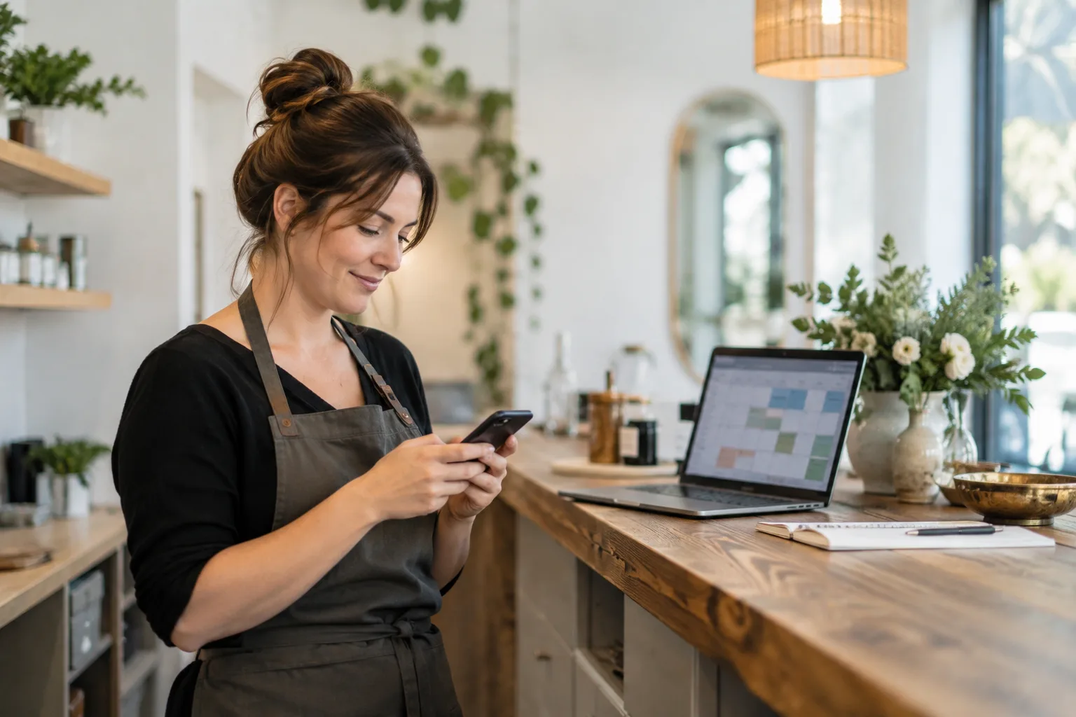 A person at a desk quickly texting back a customer on their phone next to an open laptop.