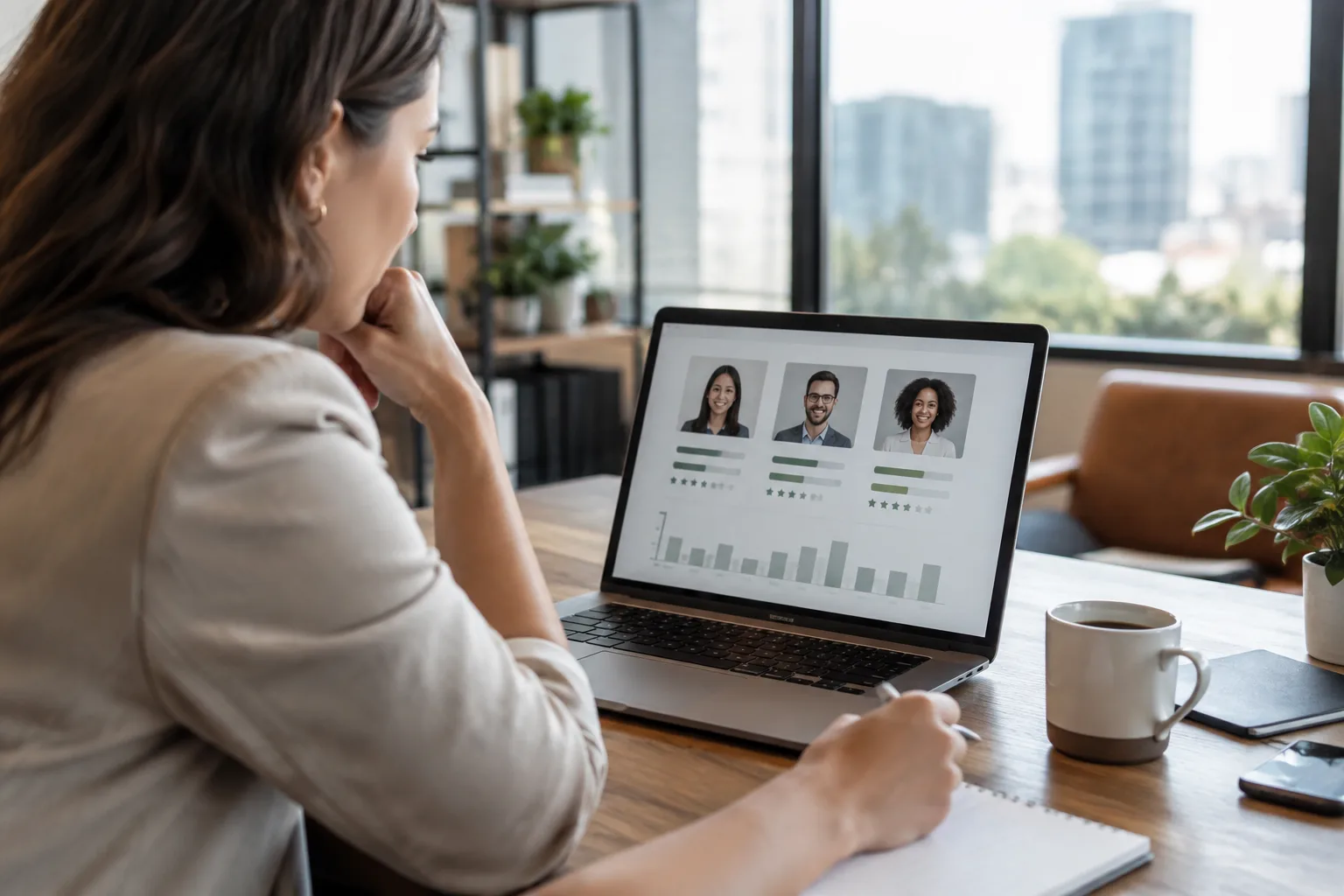 A recruiter sits at a desk reviewing a candidate scoring dashboard on a laptop in a modern office.