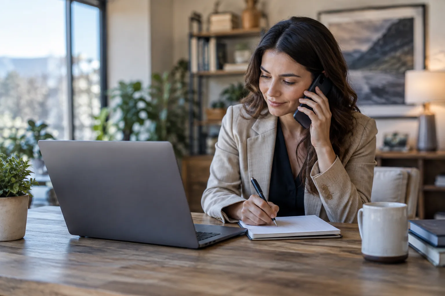 A person at a desk using a laptop and phone together while managing outreach tasks.