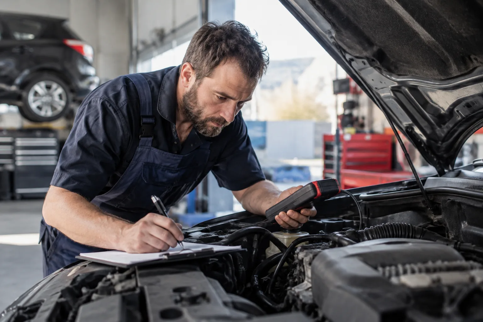 A mechanic inspects an engine while taking notes on a clipboard during a diagnostic check.