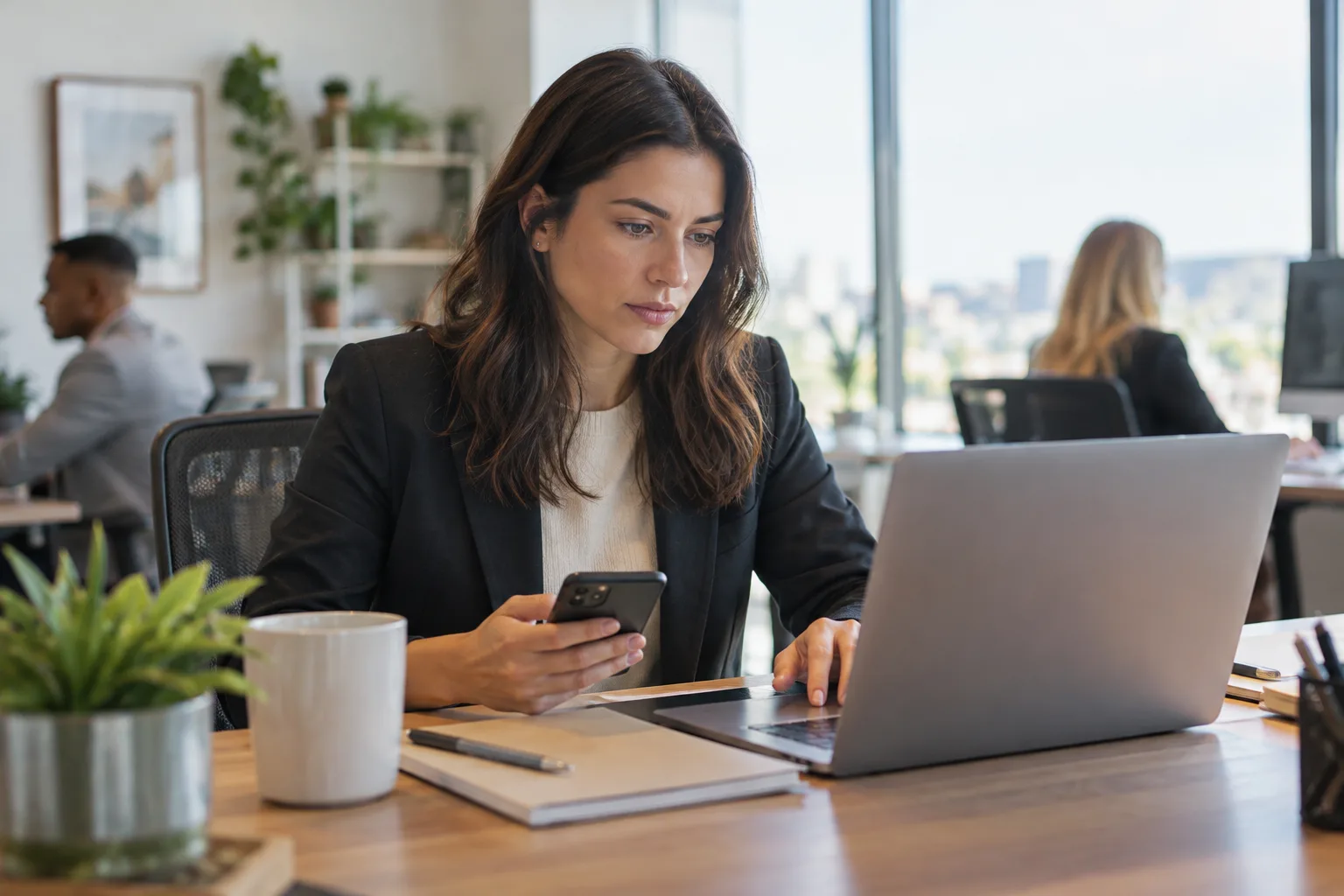 Photograph of a recruiter reviewing hiring signals on a laptop in an office.