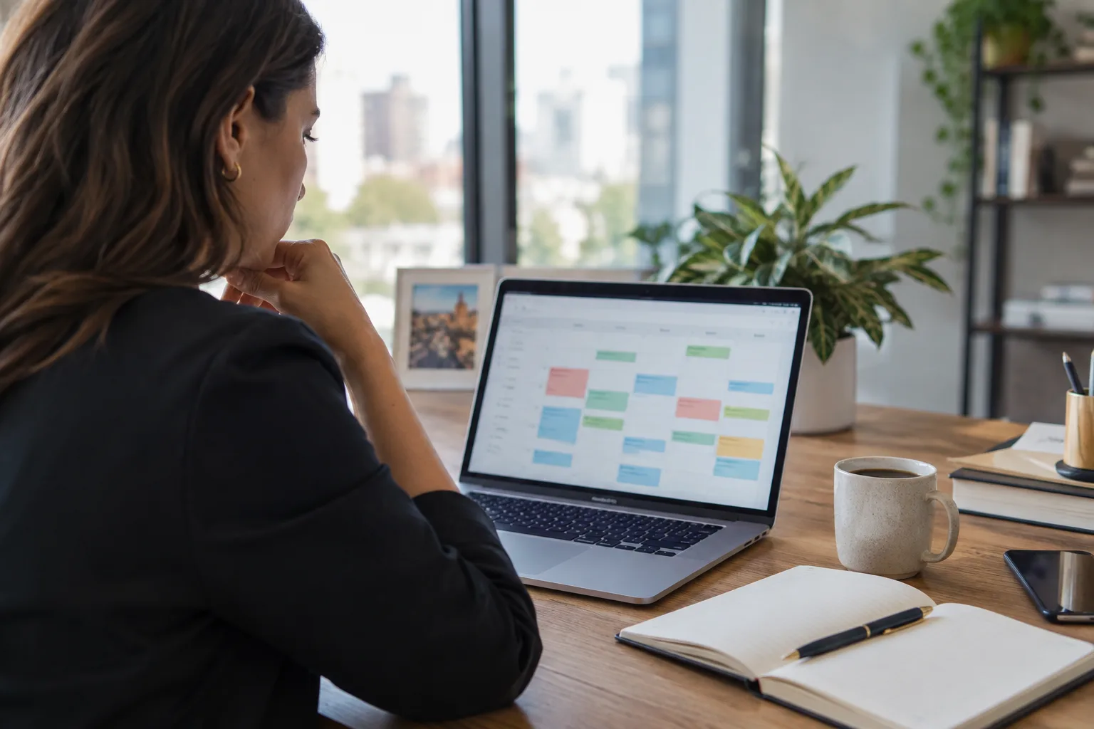 A recruiter reviews a calendar full of booked meetings at their desk.