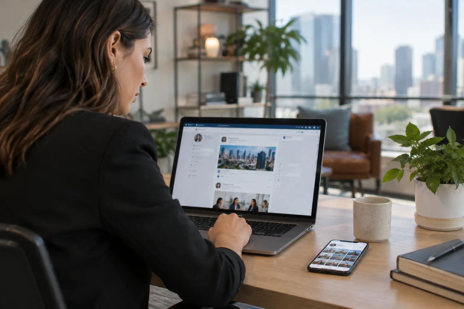 A professional at a desk comparing LinkedIn on a laptop and Instagram on a phone.