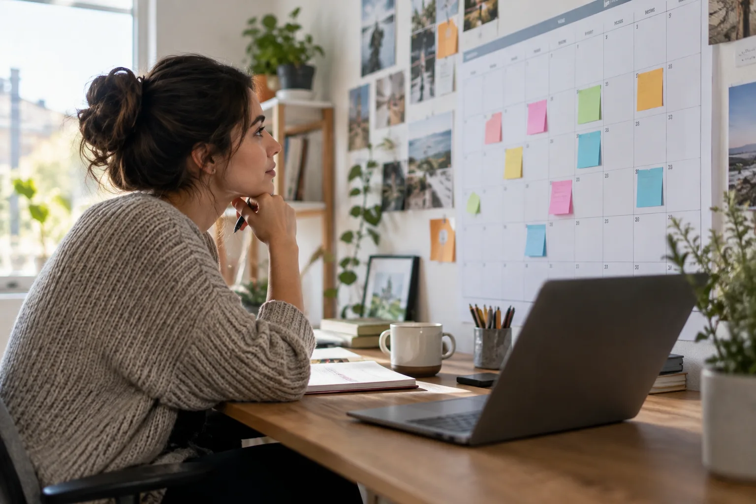 A person at a desk reviewing a weekly content calendar on the wall.