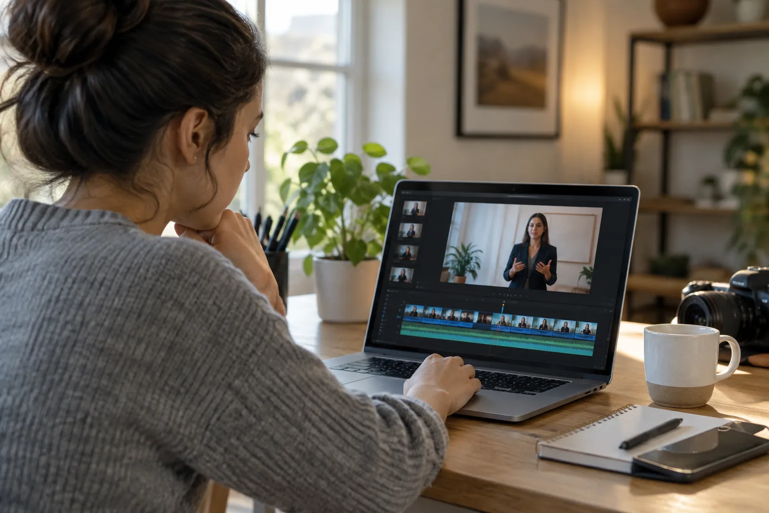 A person editing a long recording on a laptop with several highlighted clip segments on the timeline.