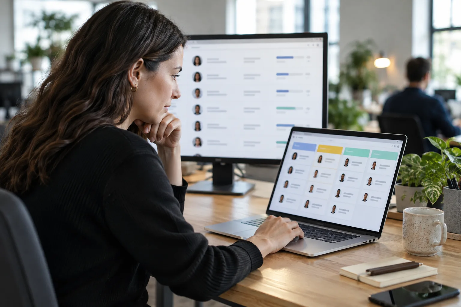 A recruiter reviews a candidate pipeline dashboard on a laptop in a bright office.