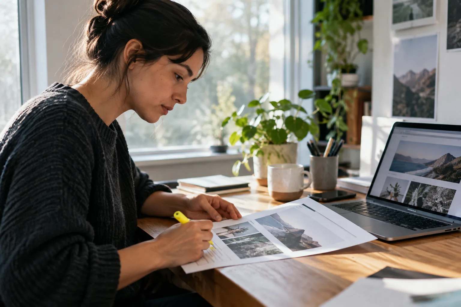 A person carefully reviewing and marking up a printed page while updating content on a laptop.