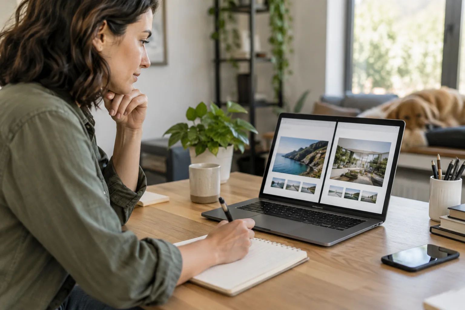 A person at a desk studying two competitor websites on a laptop while writing notes.