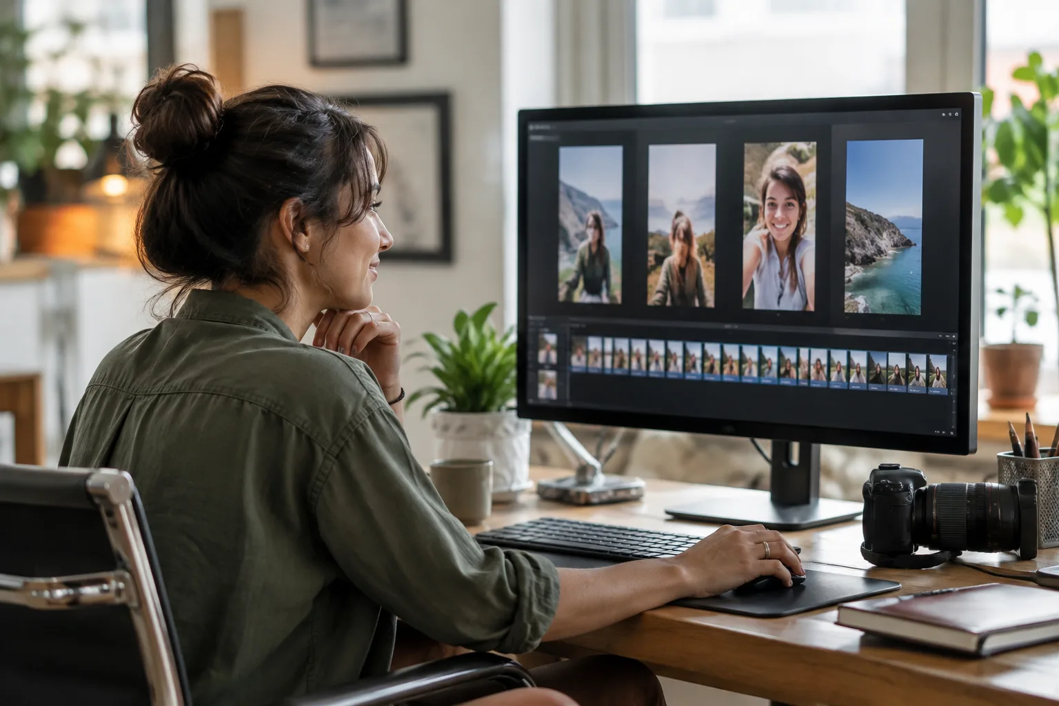 A person sitting at a desk reviewing captioned video clips on a computer monitor.