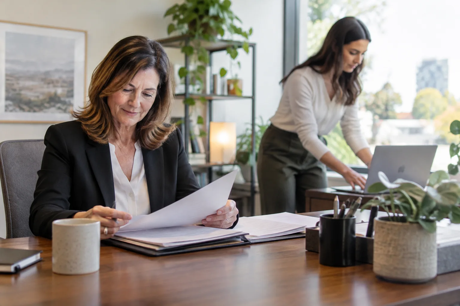 A photo of a small office where a manager reviews documents while a new employee sets up their workstation.