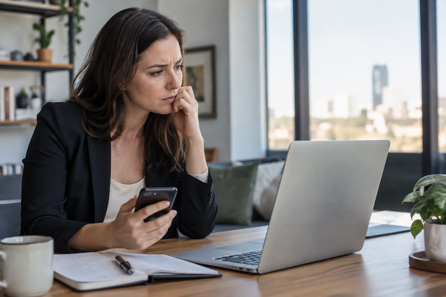 A photograph of a sales representative sitting at a desk, looking at an empty call list on a laptop.