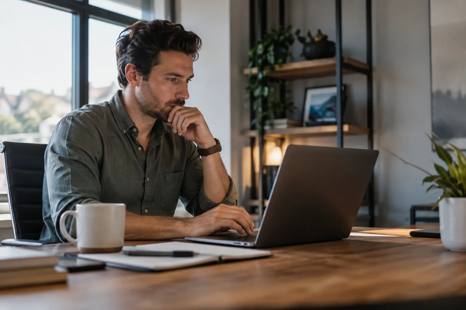 A founder working alone at a laptop managing outbound sales outreach.