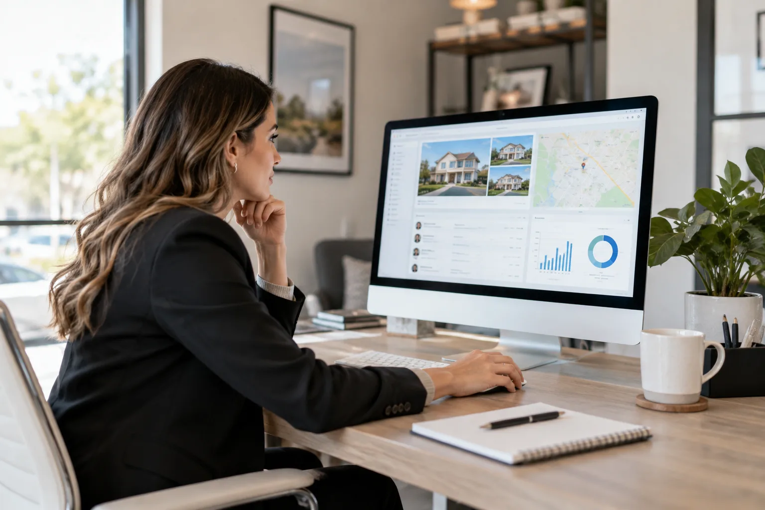 A real estate agent reviewing a customer relationship management dashboard on a computer at their desk.