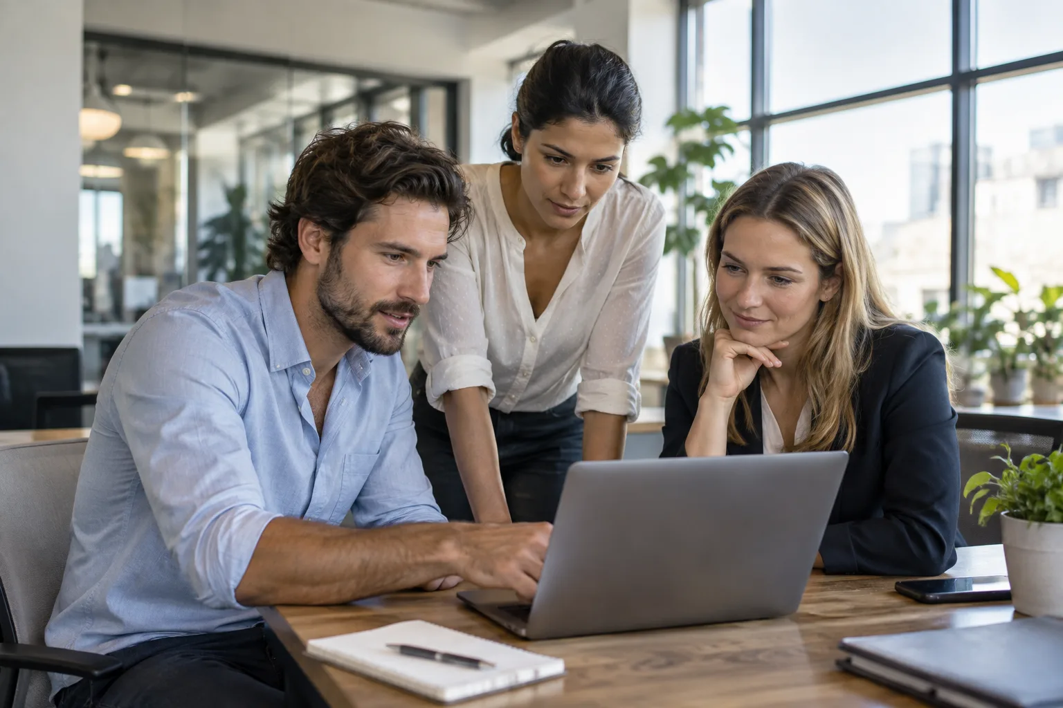 A small sales team reviewing a lead list on a laptop in an office.