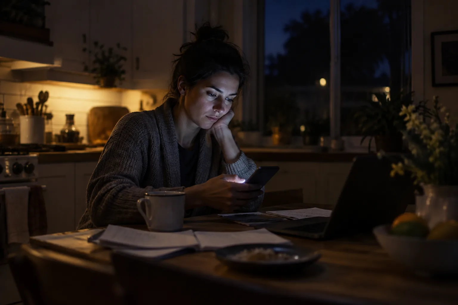 A person checking a glowing phone screen alone at a table late at night.