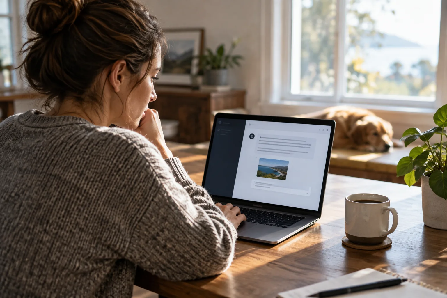 A photo of someone reading an AI-generated answer on a laptop with a coffee cup nearby.