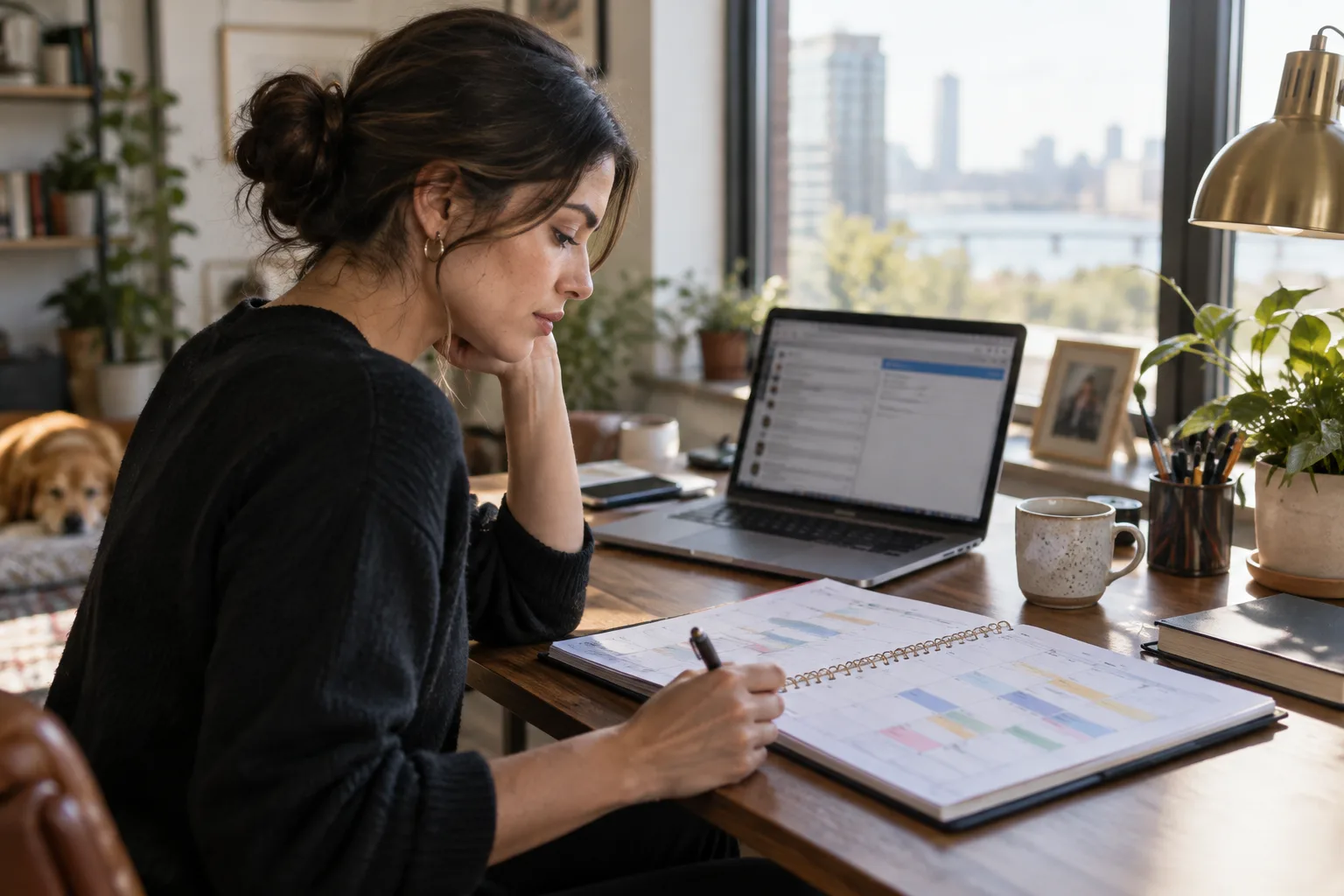 A recruiter reviewing a calendar full of booked client meetings at their desk.