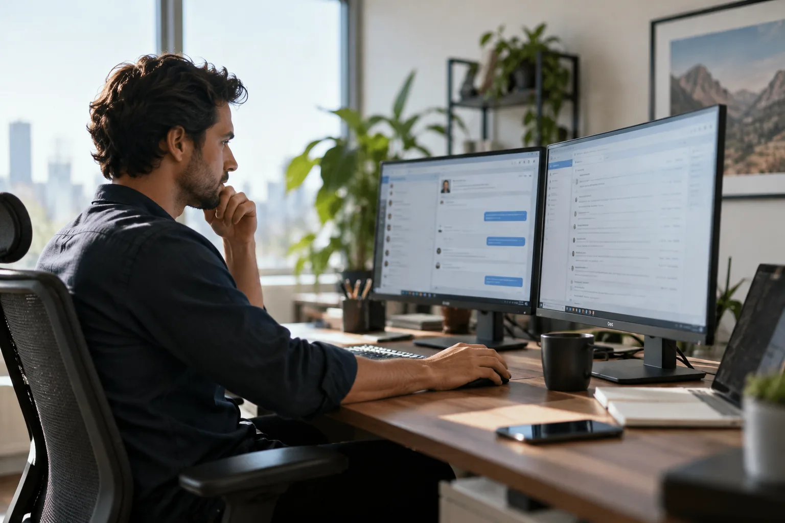 A salesperson at a desk managing LinkedIn, email, and phone outreach across multiple screens.